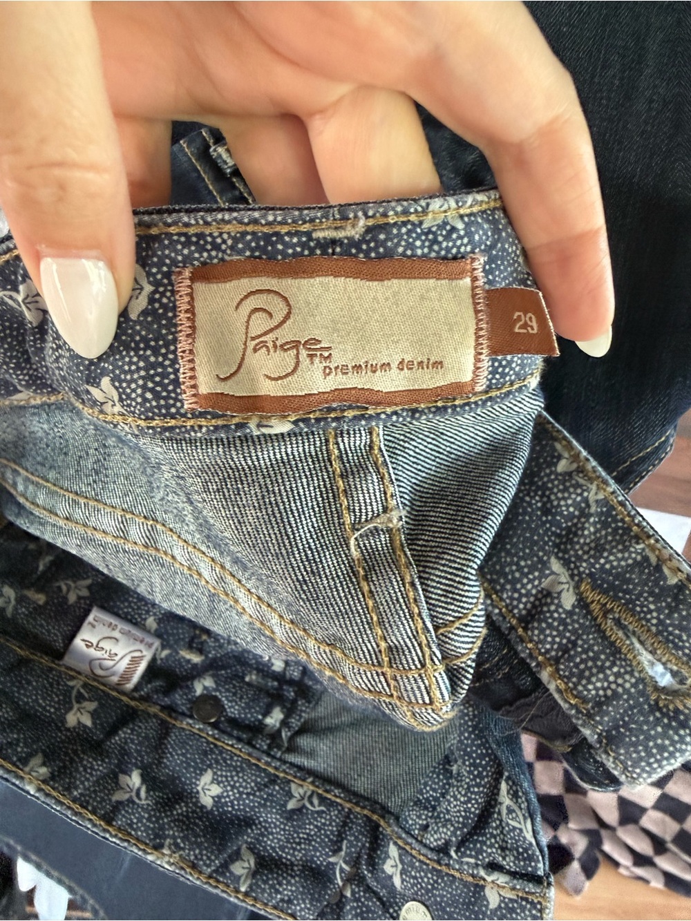 PAIGE Denim Jeans in Dark Blue with Patterned Waistband